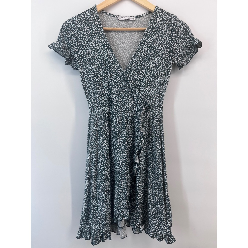 Pull&Bear Women Green Ditsy Floral V-Neck Ruffle Wrap Mini Dress Size S Boho